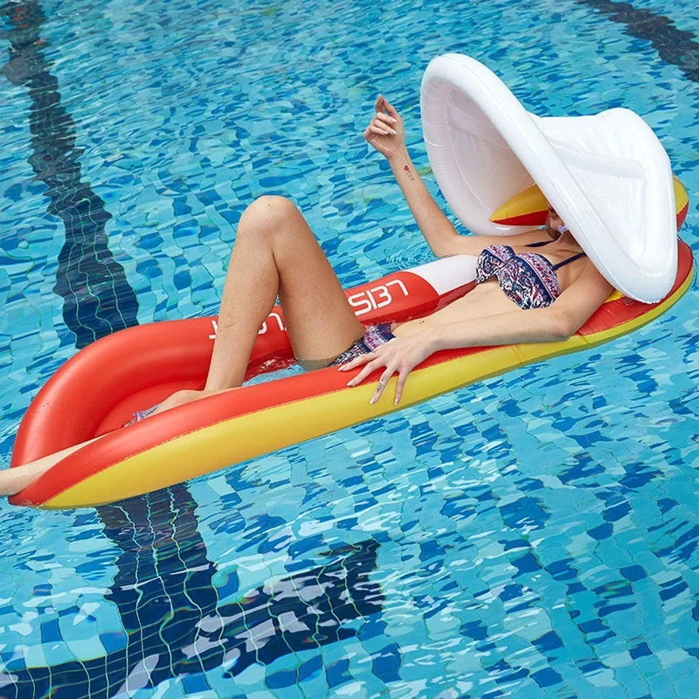 Inflatable PVC Pool Float with Canopy Swimming Pool Lounger Chair Water Floating Hammock Raft - Red - 3