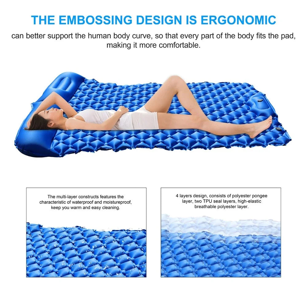 Inflatable Sleeping Pad Lightweight Camping Mattress Camp Air Mat Bed with Pillows for Hiking Backpacking Camping - Dark Blue - 6