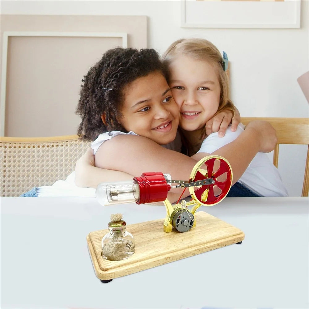 Stirling Engine Kit Electricity Generator Hot Air Motor Model with LED Light Flywheel Design Science Experiment Wooden Base DIY Education Toy School Office Decor - Silver - 2