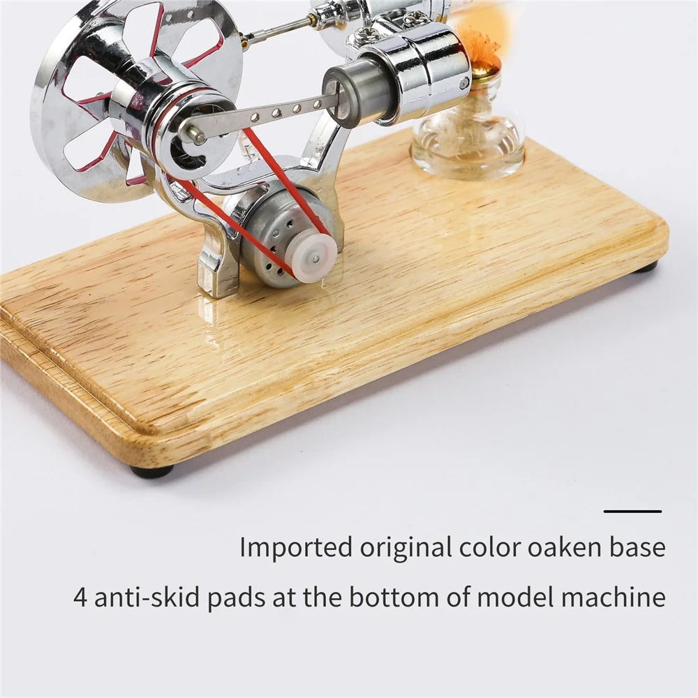 Stirling Engine Kit Electricity Generator Hot Air Motor Model with LED Light Flywheel Design Science Experiment Wooden Base DIY Education Toy School Office Decor - Silver - 5