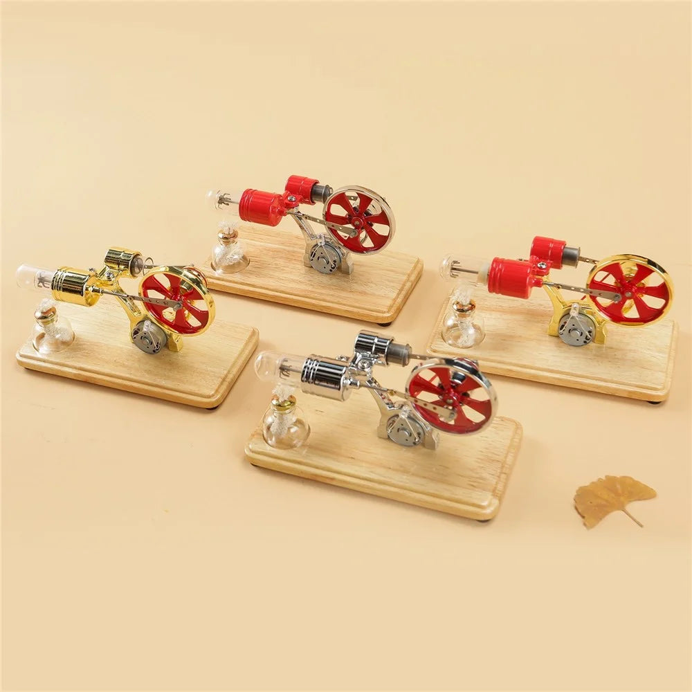 Stirling Engine Kit Electricity Generator Hot Air Motor Model with LED Light Flywheel Design Science Experiment Wooden Base DIY Education Toy School Office Decor - Silver - 6