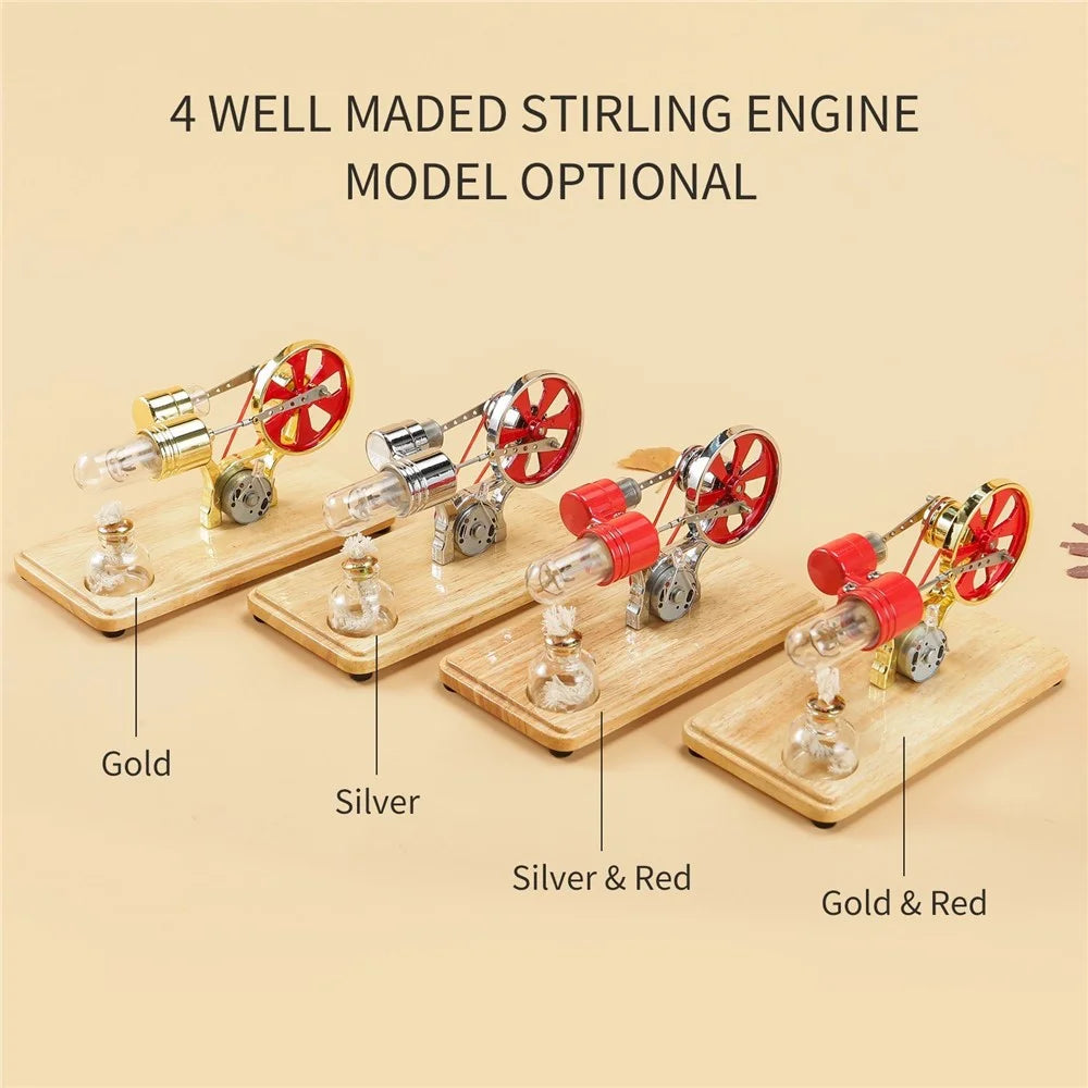 Stirling Engine Kit Electricity Generator Hot Air Motor Model with LED Light Flywheel Design Science Experiment Wooden Base DIY Education Toy School Office Decor - Silver - 7