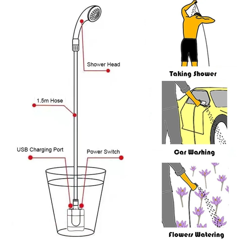 Portable Camping Pet Cleaning Beach Washing Shower 4.9ft Hose Outdoor Shower Device with Rechargeable Pump - 4