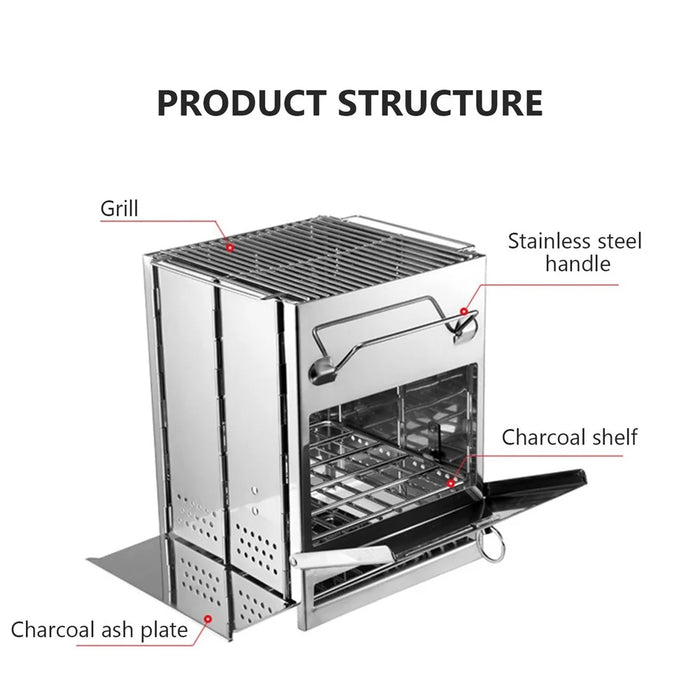 Wood Stove Charcoal Grill Stainless Steel Barbecue Tool Kit for Camping Outdoor Cooking Picnics Beach Hiking Party (No FDA Certificate) - 6