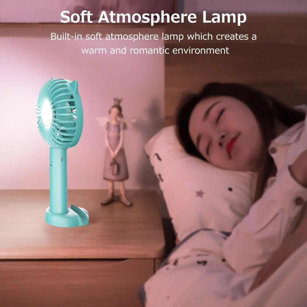 Handheld Portable Fan Battery Operated 3 Speed Personal Fan with Atmosphere Lamp for Travel Office Outdoor - Blue - 3