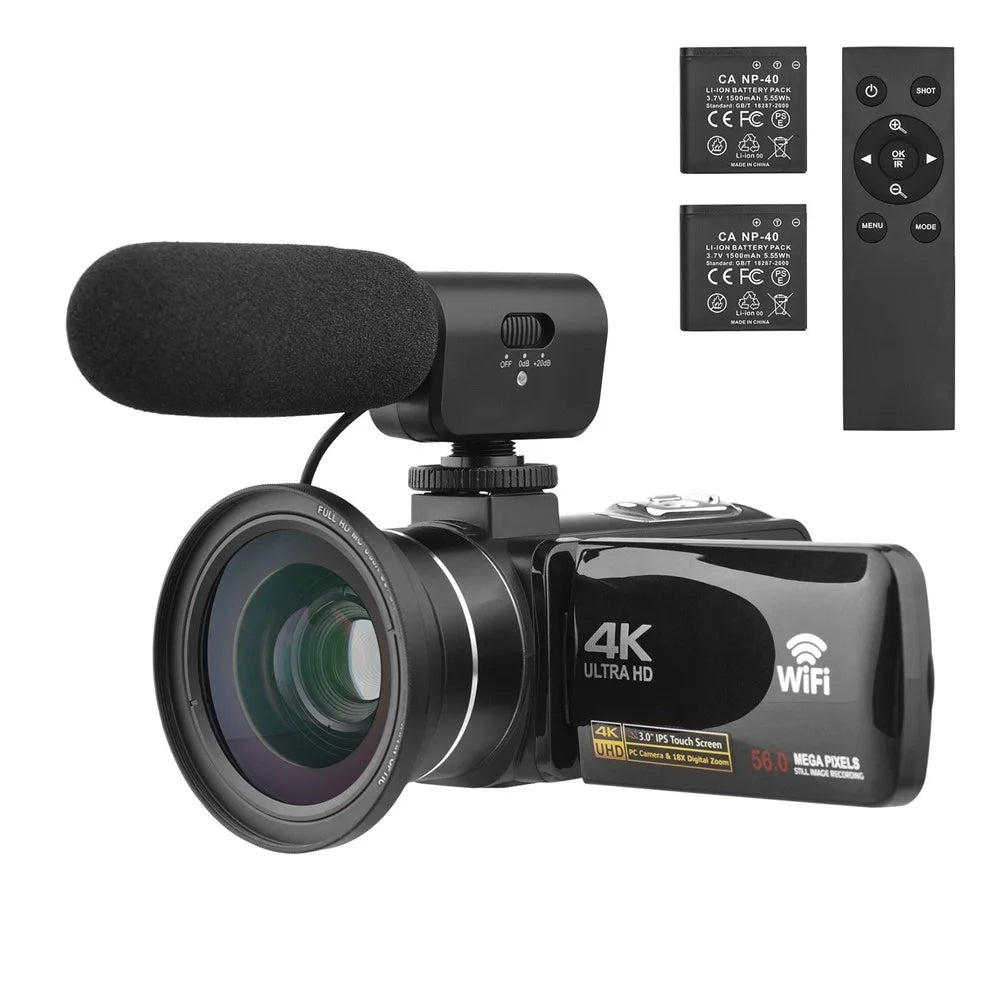 4K Digital Video Camera 3.0 Inch IPS Touch Screen WiFi Camcorder DV Recorder 56MP with Wide-Angle Lens + 2 Batteries + Microphone - 1