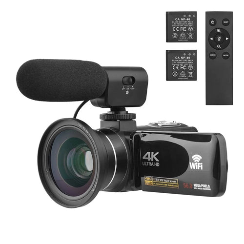 4K Digital Video Camera 3.0 Inch IPS Touch Screen WiFi Camcorder DV Recorder 56MP with Wide-Angle Lens + 2 Batteries + Microphone - 1
