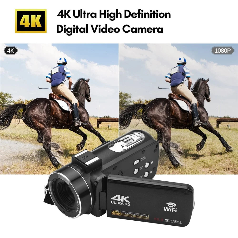 4K Digital Video Camera 3.0 Inch IPS Touch Screen WiFi Camcorder DV Recorder 56MP with Wide-Angle Lens + 2 Batteries + Microphone - 4
