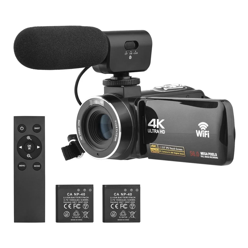Portable 4K Digital Video Camera 3.0 Inch IPS Touch Screen WiFi Camcorder Anti-Shake DV Recorder 56MP 18X Digital Zoom Supports Face Detection IR Night Vision with 2 Batteries + Remote Control + Carrying Bag + External Microphone - 1