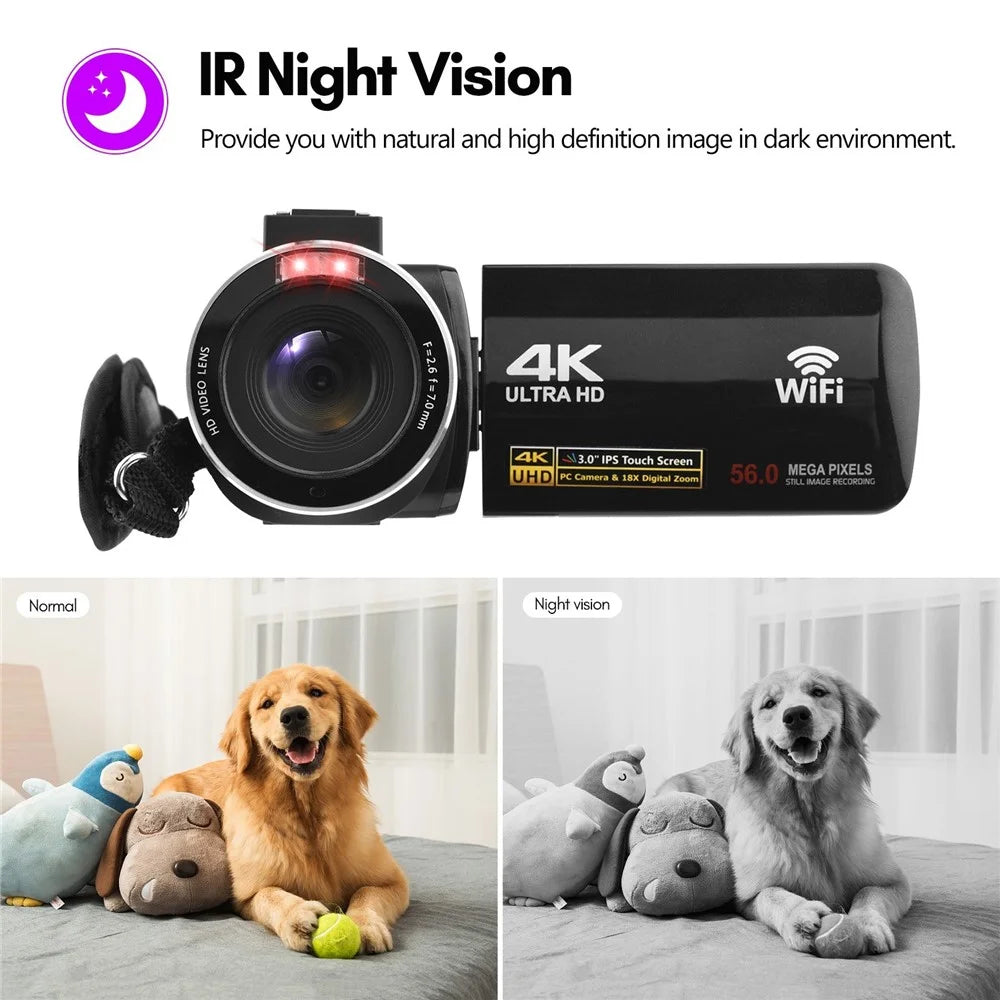 Portable 4K Digital Video Camera 3.0 Inch IPS Touch Screen WiFi Camcorder Anti-Shake DV Recorder 56MP 18X Digital Zoom Supports Face Detection IR Night Vision with 2 Batteries + Remote Control + Carrying Bag + External Microphone - 7