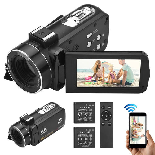 4K Digital Camera Night Vision 3 inch Touch Screen 56MP WiFi DV Camcorder with 2 Batteries + Remote Control - 1