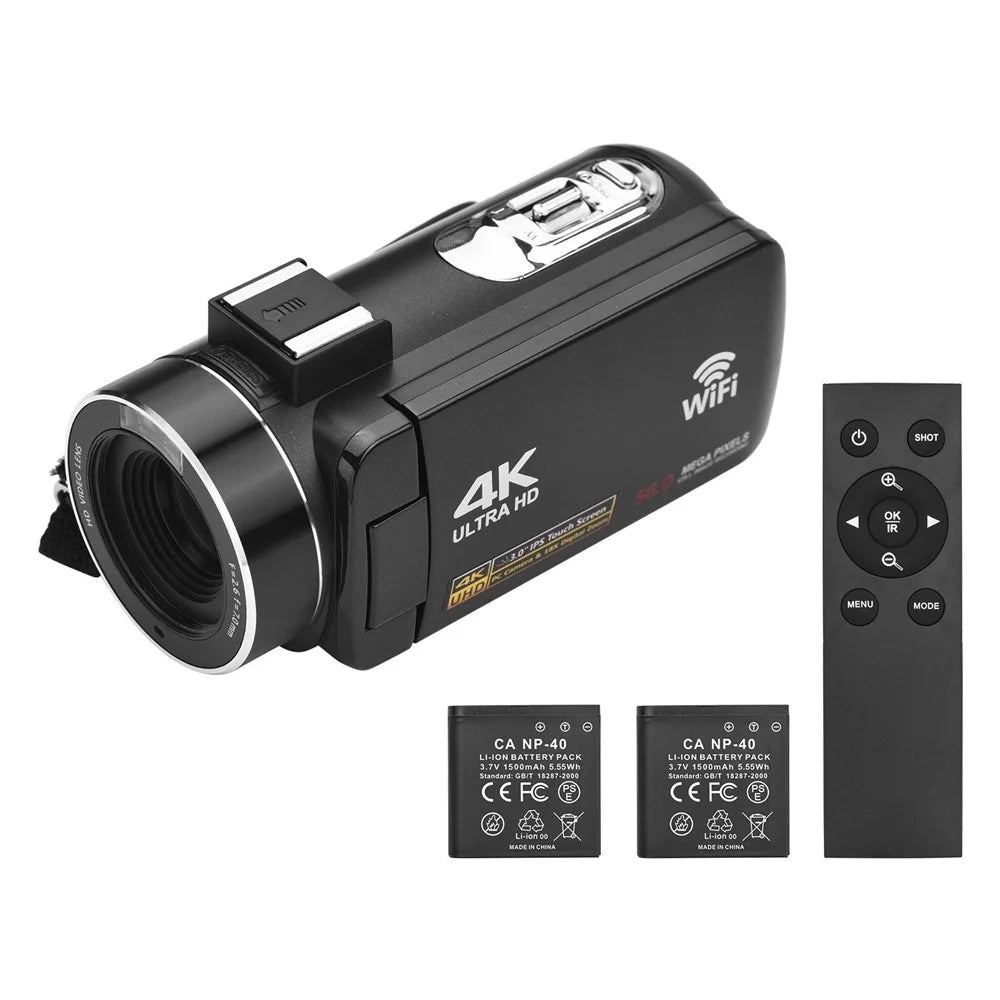 4K Digital Camera Night Vision 3 inch Touch Screen 56MP WiFi DV Camcorder with 2 Batteries + Remote Control - 2
