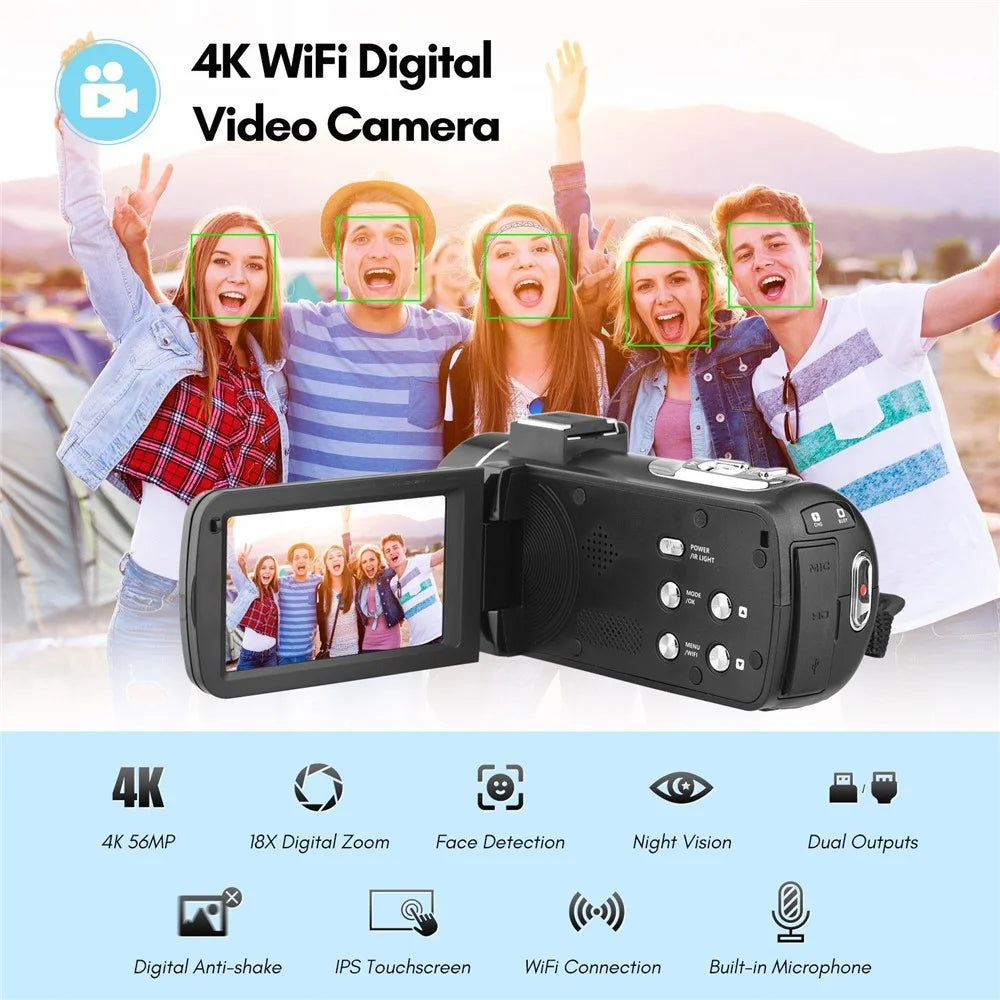 4K Digital Camera Night Vision 3 inch Touch Screen 56MP WiFi DV Camcorder with 2 Batteries + Remote Control - 3