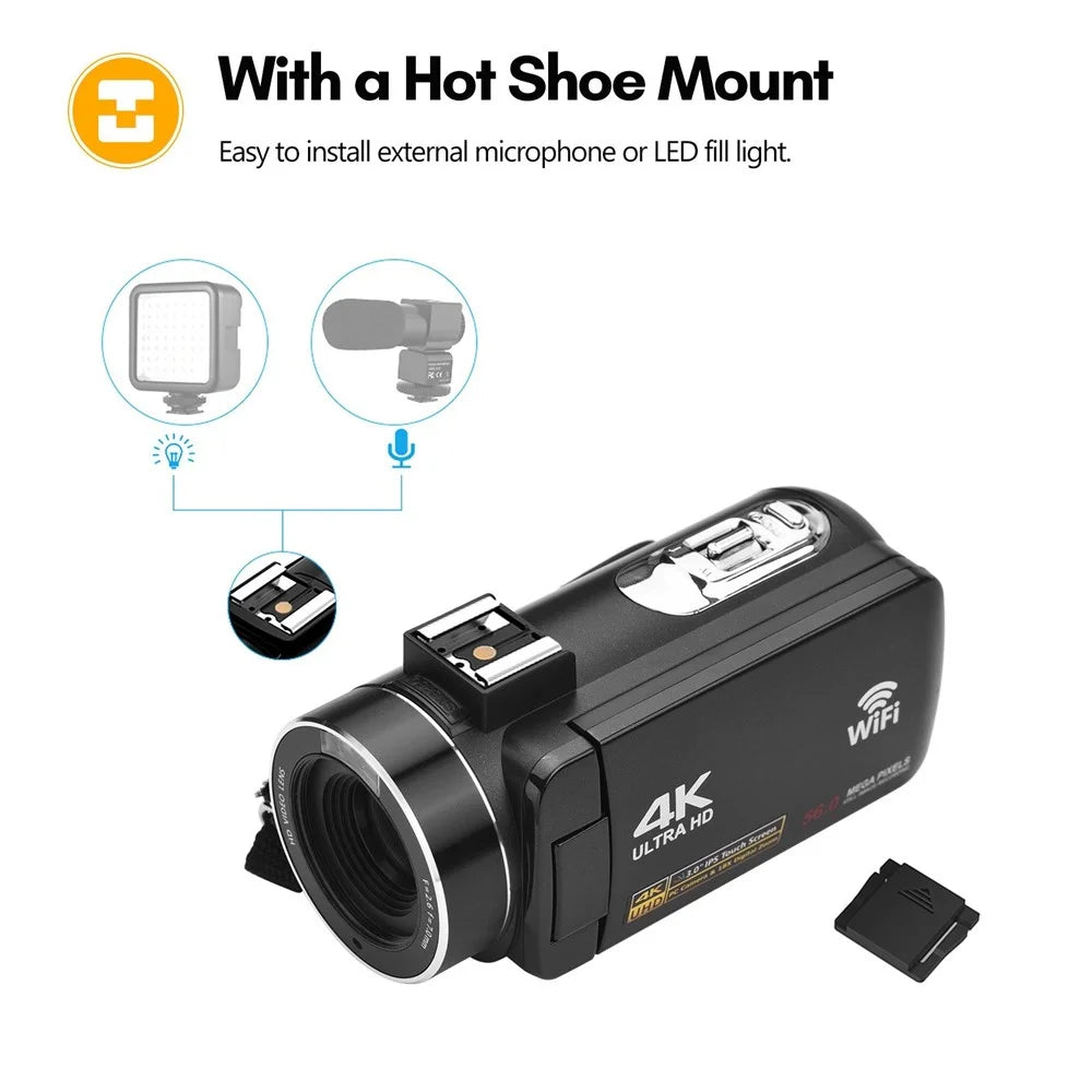 4K Digital Camera Night Vision 3 inch Touch Screen 56MP WiFi DV Camcorder with 2 Batteries + Remote Control - 7