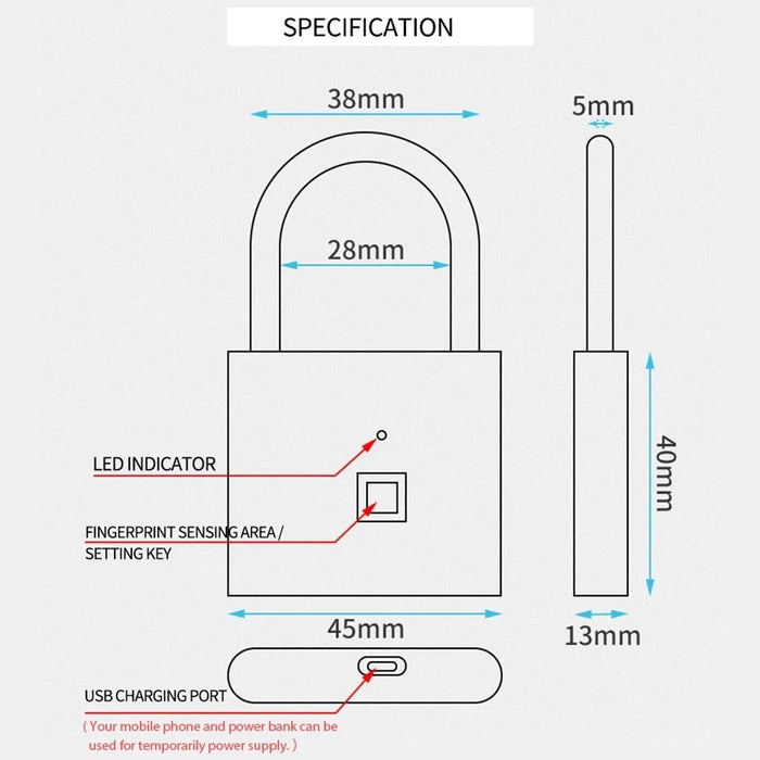 Smart Fingerprint Padlock Small Size Padlock Cabinet Fingerprint Lock Mini Fingerprint Lock - Black - 7