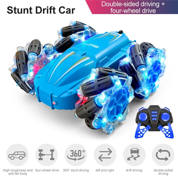 RC Stunt Car for Kids 2.4GHz 4WD Electric Car Toy 30km/h Double Sided 360-degree Rotating Vehicles with Light Effect - Blue - 4