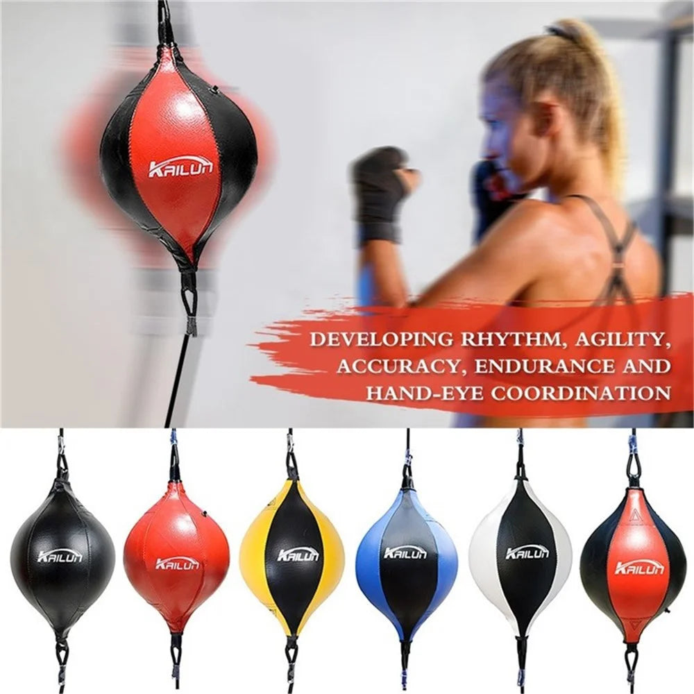 KRILUN Boxing Ball Speed Punching Bag PU Leather MMA Muay Thai Training Striking Bag with Pump - Black  /  Red - 3