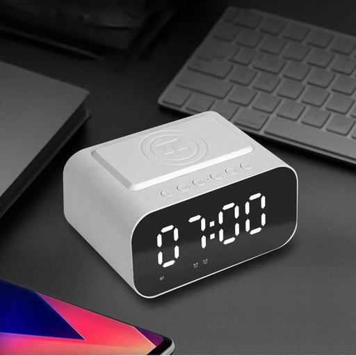 Bluetooth-compatible Speaker Digital Alarm Clock Bedside Wireless Charger Charging Station Bedroom Living Room Kitchen - White - 2