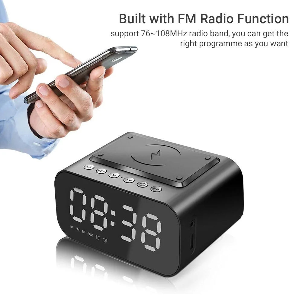 Bluetooth-compatible Speaker Digital Alarm Clock Bedside Wireless Charger Charging Station Bedroom Living Room Kitchen - White - 3