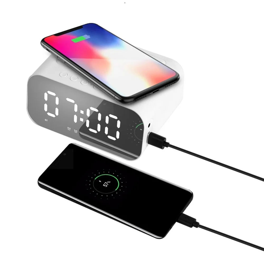 Bluetooth-compatible Speaker Digital Alarm Clock Bedside Wireless Charger Charging Station Bedroom Living Room Kitchen - White - 6