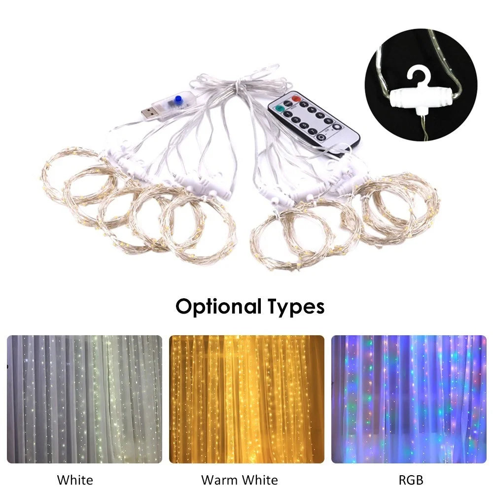 Hanging Window Curtain Lights 300 LEDs Dimmable String Lights with Remote Control Controller for Bedroom Weddings Wall Christmas Decor - 2