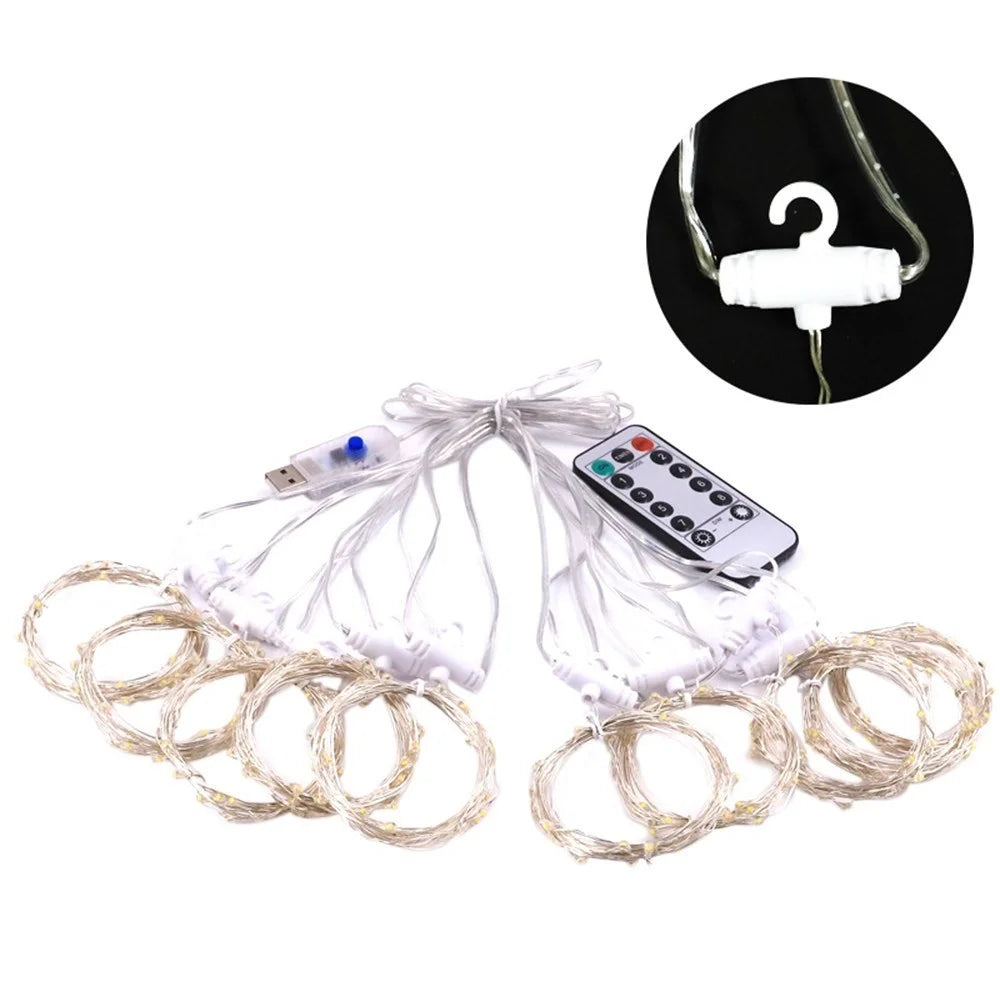Hanging Window Curtain Lights 300 LEDs Dimmable String Lights with Remote Control Controller for Bedroom Weddings Wall Christmas Decor - 3