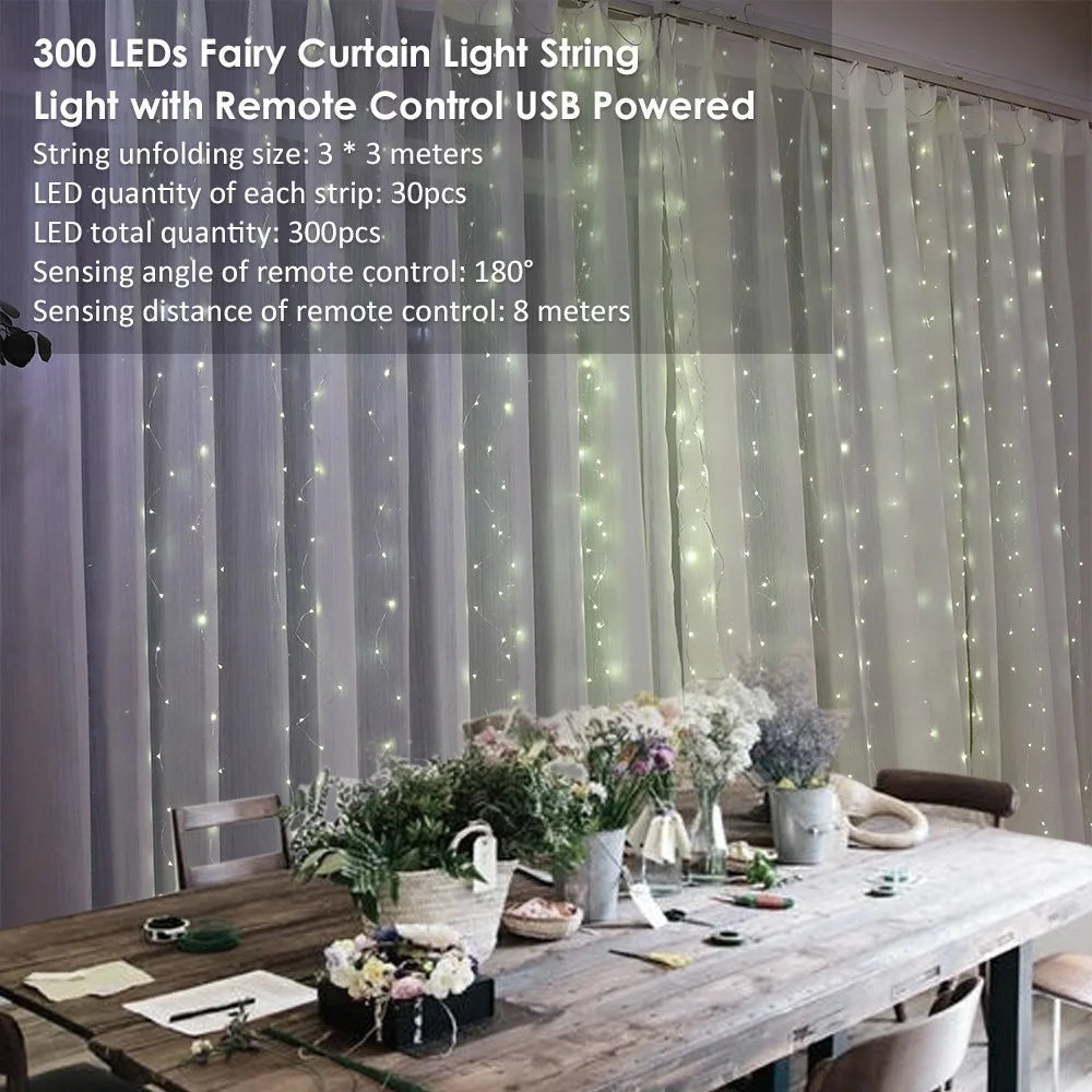 Hanging Window Curtain Lights 300 LEDs Dimmable String Lights with Remote Control Controller for Bedroom Weddings Wall Christmas Decor - 5