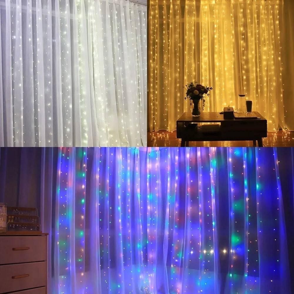Hanging Window Curtain Lights 300 LEDs Dimmable String Lights with Remote Control Controller for Bedroom Weddings Wall Christmas Decor - 6