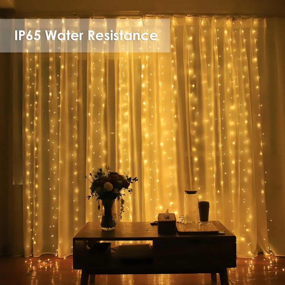 Hanging Window Curtain Lights 300 LEDs Dimmable String Lights with Remote Control Controller for Bedroom Weddings Wall Christmas Decor - 7