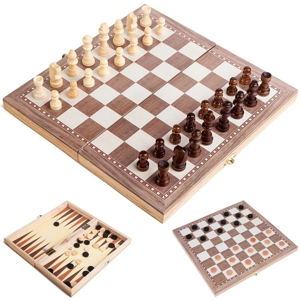 3-in-1 Multifunctional Wooden Chess Set Folding Chessboard Game Draughts Backgammon Set Educational Toy - 1