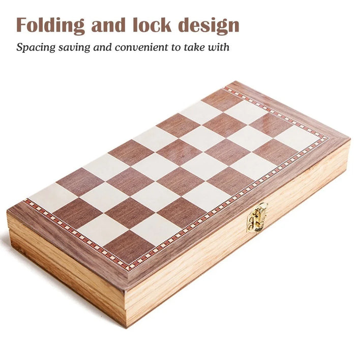3-in-1 Multifunctional Wooden Chess Set Folding Chessboard Game Draughts Backgammon Set Educational Toy - 7
