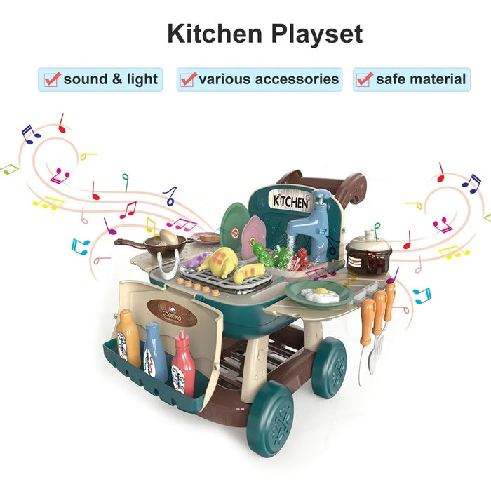 Kids Kitchen Shopping Cart Pretend Toddler Toys Play Kitchen Sink Toys Color Changing Funny Role Play Set with Light and Sound - Sky Blue - 2