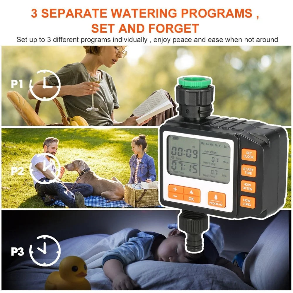 IP65 Waterproof 3 Separate Programs Digital Water Timer 3in Large Screen Hose Timer Sprinkler Timer Single Valve Faucet for Garden Lawn - EU Inlet - 6