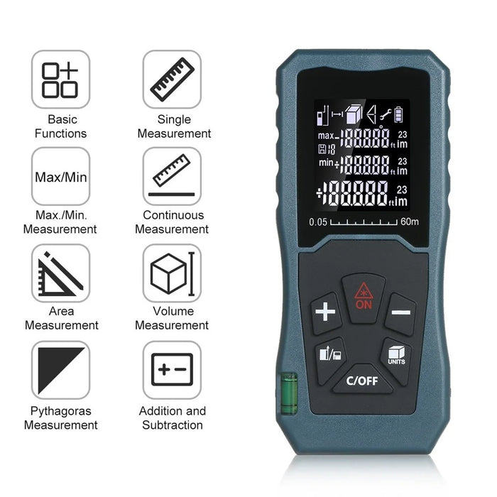Laser Distance Meter Bubble Level Handheld 1.6-inch LCD Diastimeter Pythagorean Mode Measure Distance Area and Volume - 60m - 6