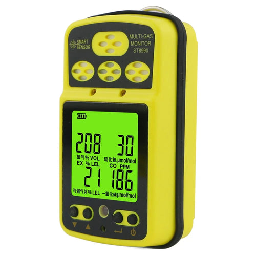 SMART SENSOR ST8990 Portable Multi Gas Detector 4-in-1 O2 LEL CO H2S Gas Detector Tester Monitor with Digital LCD Display - Yellow / EU Plug - 1
