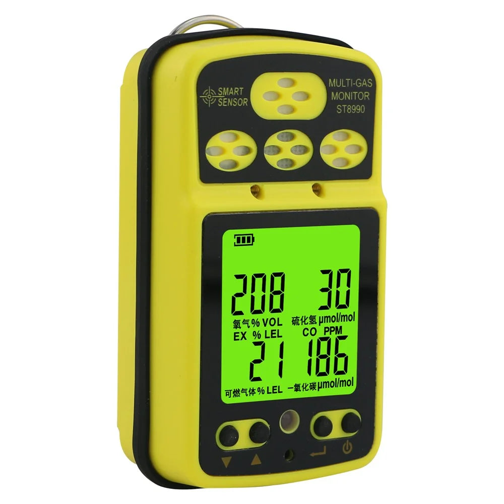 SMART SENSOR ST8990 Portable Multi Gas Detector 4-in-1 O2 LEL CO H2S Gas Detector Tester Monitor with Digital LCD Display - Yellow / EU Plug - 2