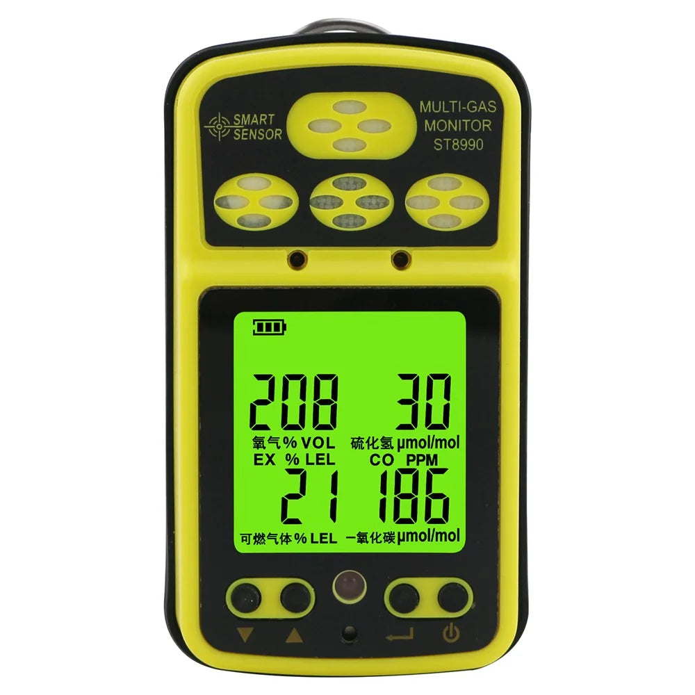 SMART SENSOR ST8990 Portable Multi Gas Detector 4-in-1 O2 LEL CO H2S Gas Detector Tester Monitor with Digital LCD Display - Yellow / EU Plug - 3