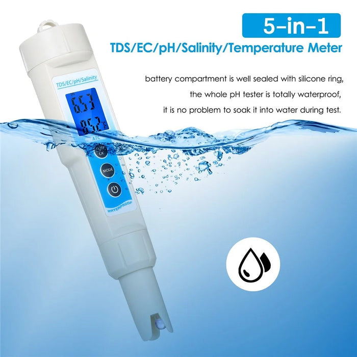 5 in 1 Ph Meter Waterproof Multi-Functional TDS / EC / Ph / Salinity / Temperature Meter Water Quality Tester - 5