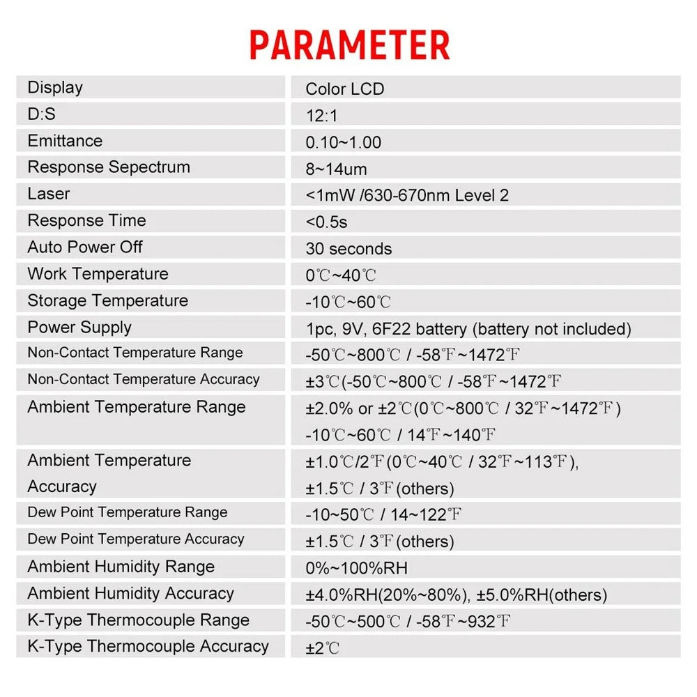 HABOTEST Multi-functional Non-contact Infrared Thermometer High Precision Temp Humidity Dew Point Temperature Meter for HVAC Automotive Mechanics Electricians - 6