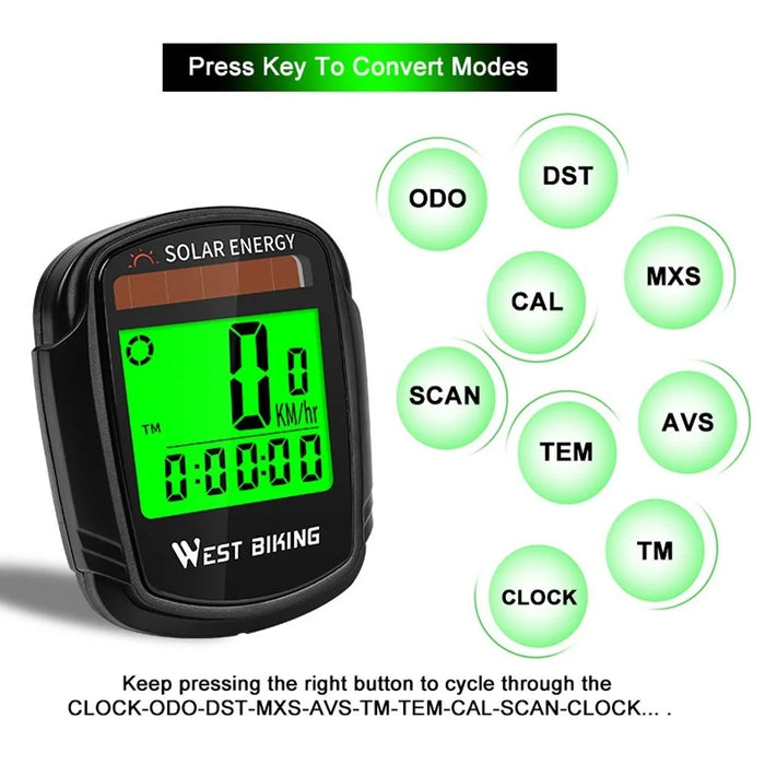 WEST BIKING Solar Energy Bike Computer Wireless Automatic Wake-up Speedometer and Odometer with LCD Backlight Display - 5