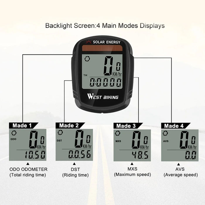 WEST BIKING Solar Energy Bike Computer Wireless Automatic Wake-up Speedometer and Odometer with LCD Backlight Display - 7
