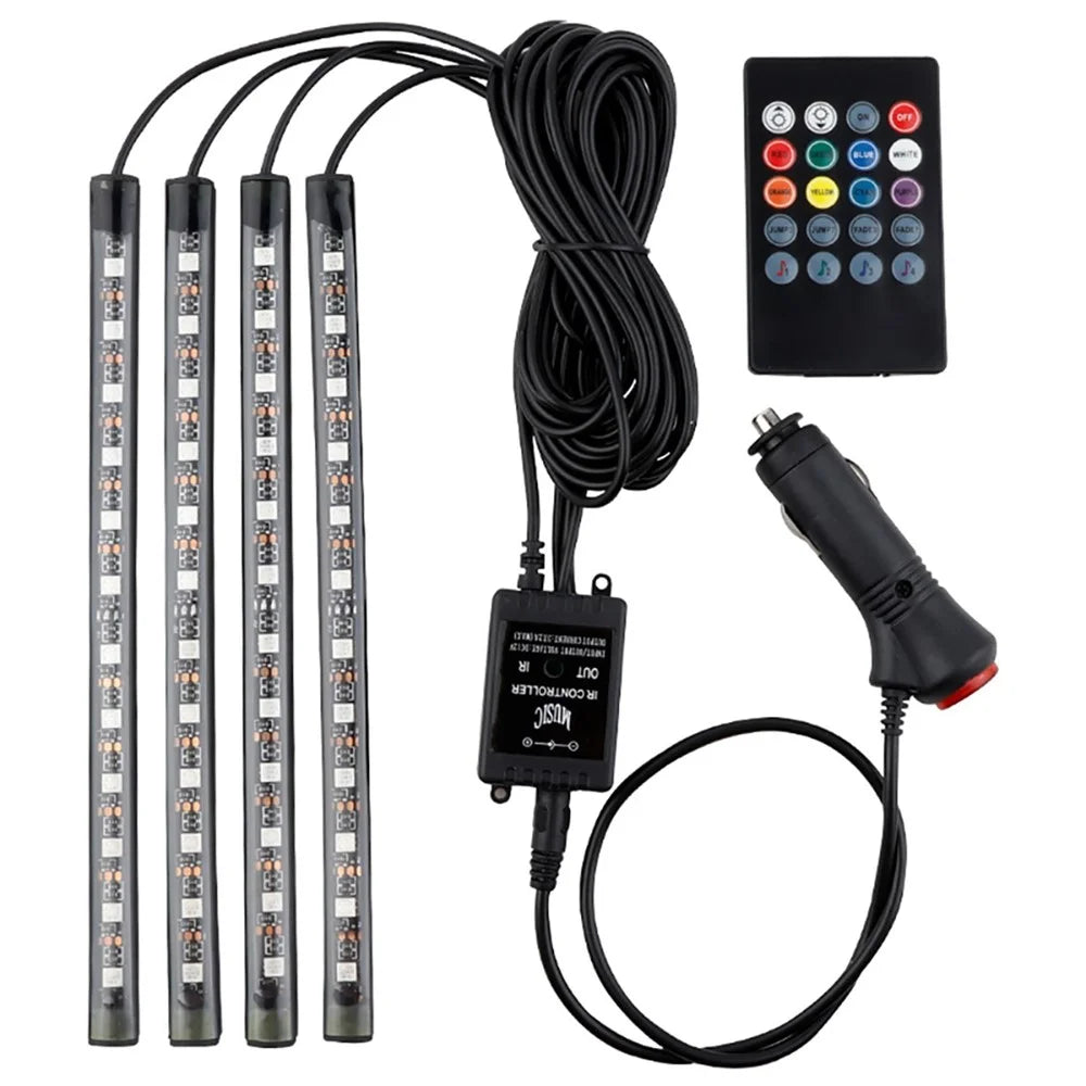 Car LED Strip Light 4Pcs 48 LED DC 12V Neon Strip Car Interior Led Decorative Lamp with Sound Active Function and Wireless Remote Control - Cigarette Port - 1