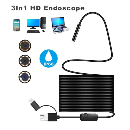 8MM Micro USB/Type-C/USB 3-in-1 HD Endoscope Waterproof Borescope Tube Camera with 8 White LED Lights - 10m Flexible Wire - 1
