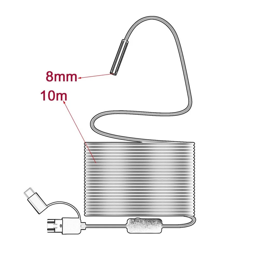 8MM Micro USB/Type-C/USB 3-in-1 HD Endoscope Waterproof Borescope Tube Camera with 8 White LED Lights - 10m Flexible Wire - 6