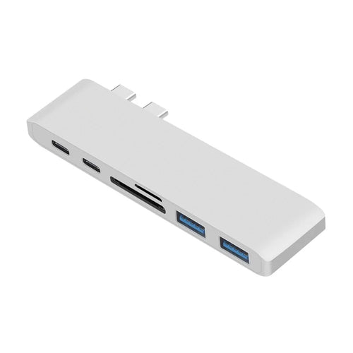 6-in-1 Dual Male Type-C Port to 2 Female Type-C Ports + for SD/TF Card Reader + 2 USB 3.0 Ports Hub Adapter - Silver - 1