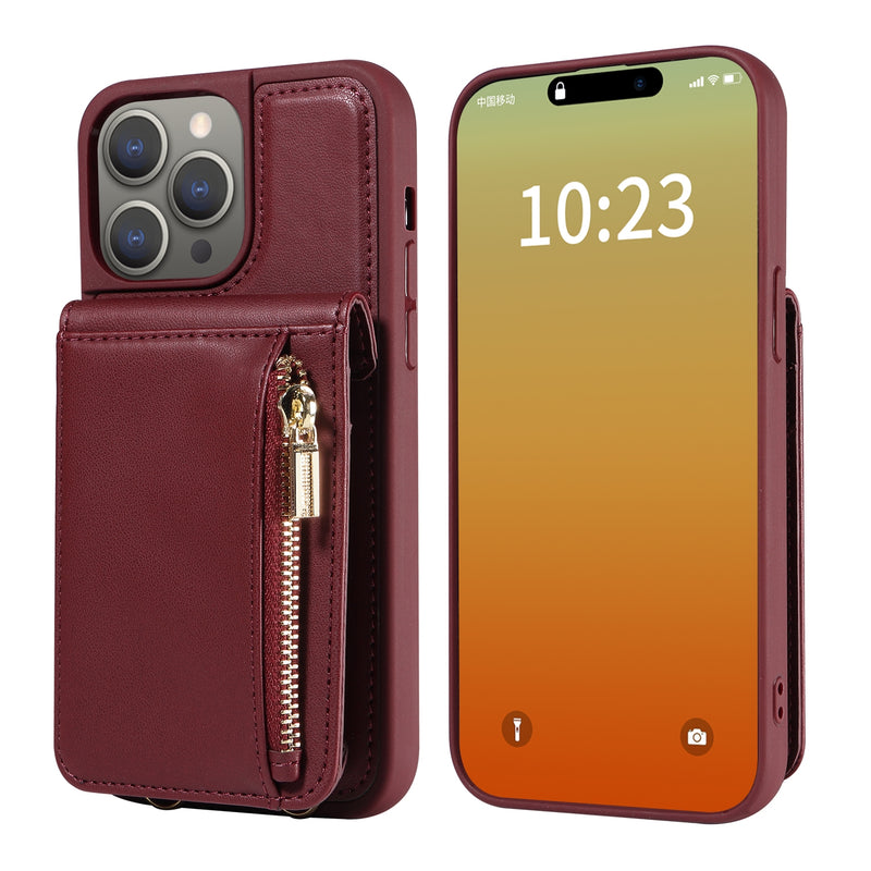 For iPhone 15 Pro Max Crossbody Lanyard Zipper Wallet Leather Phone Case