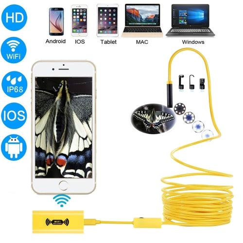 1200P HD Pixels WiFi Endoscope Snake Tube Inspection Camera with 8 LED, Waterproof IP68, Lens Diameter: 8mm, Length: 5m, Hard Line(Yellow)