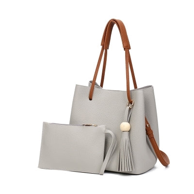 New Model Fashion Lychee Grain Tote Bag Handbag Bucket Bag Shoulder Bag Two-Piece Set(Light Grey)