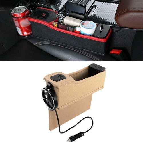 DERANFU Multi-function Car Main Driving Position Dual USB Charging Digital Display Storage Box Crevice Water Cup Holder(Beige)