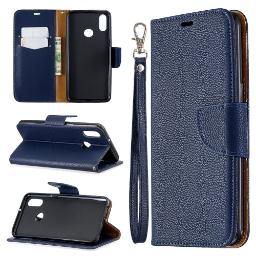 For Galaxy A10s Litchi Texture Pure Color Horizontal Flip PU Leather Case with Holder & Card Slots & Wallet & Lanyard(Dark Blue)